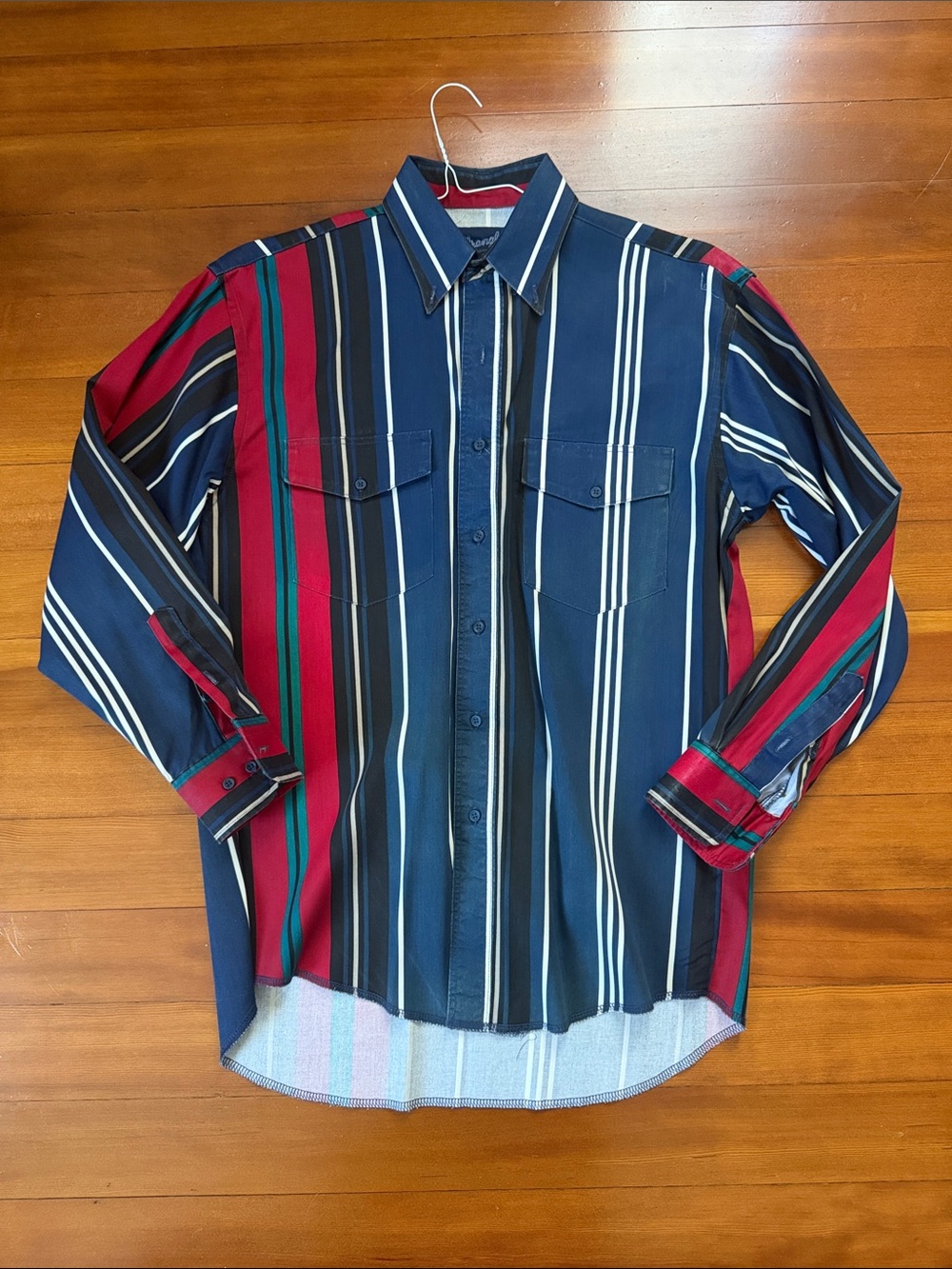 Wrangler Striped Button-Down Shirt in Navy, Red & Green